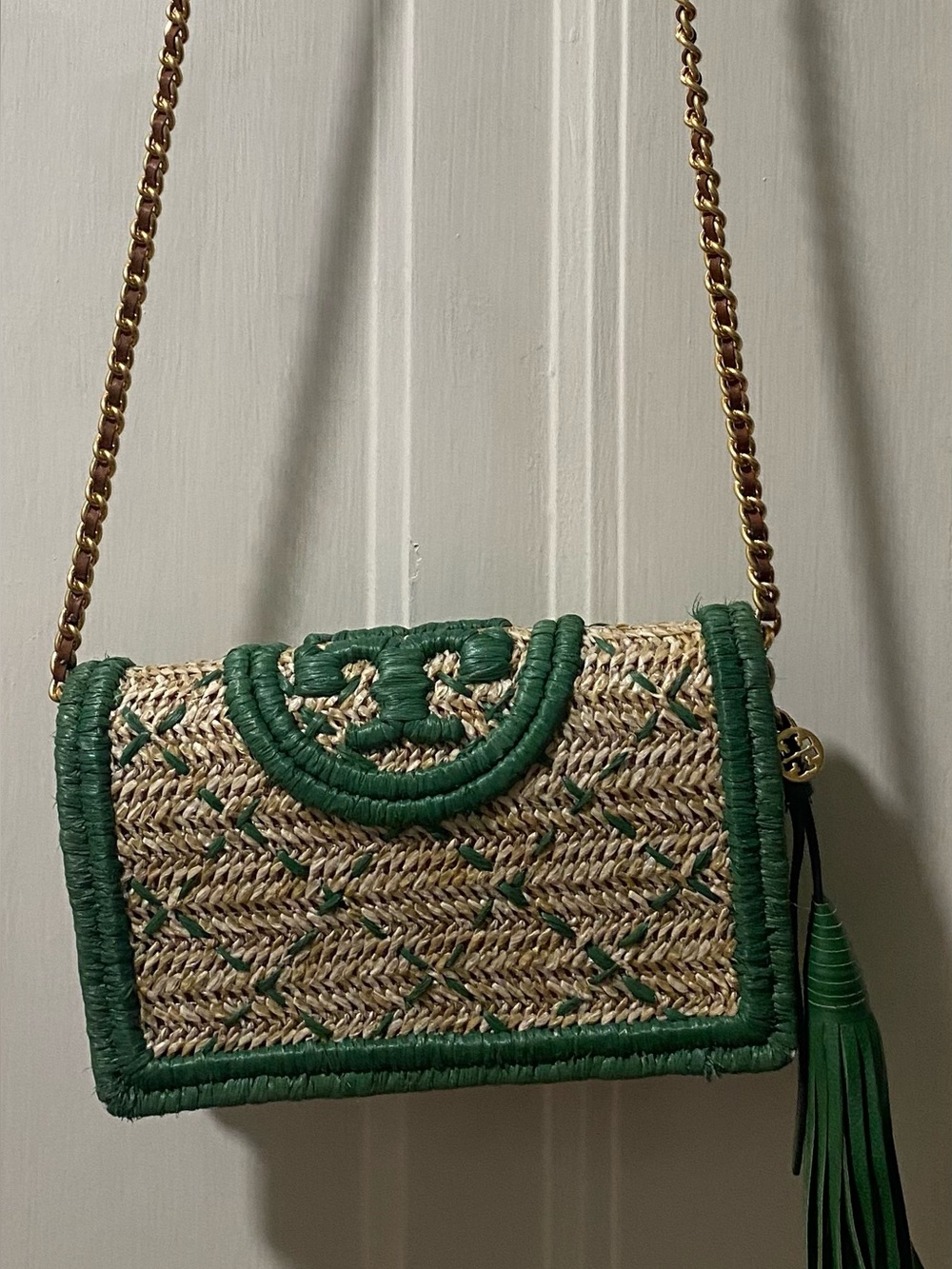 Tory Burch Straw Crossbody Bag with Green Trim and Gold Chain